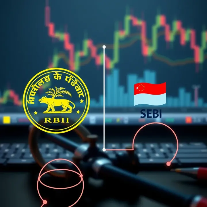 Conceptual graphic representing regulatory framework with RBI and SEBI logos connected by legal documents