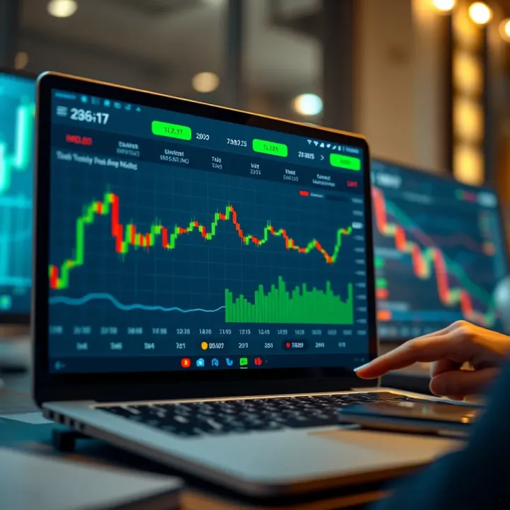 User interface of an online trading app showing stock market charts and portfolio overview