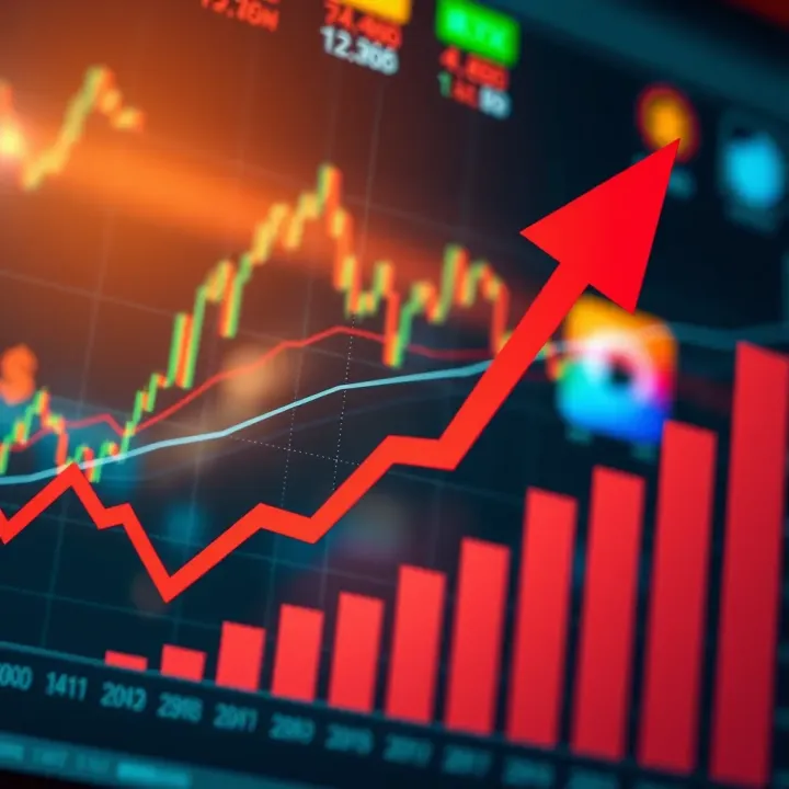 Graph illustrating forex market trends with currency symbols and upward arrow