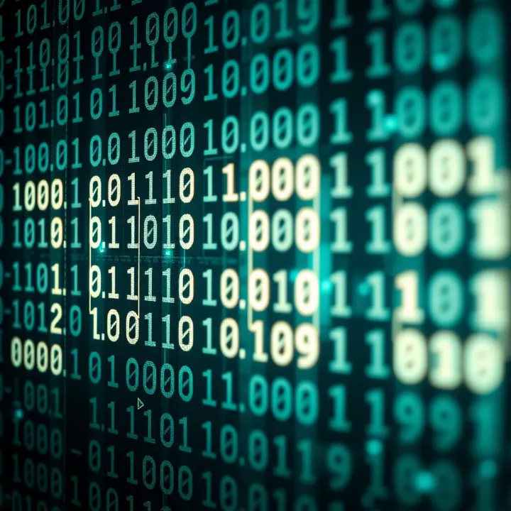 Visual representation of binary digits converting into English letters