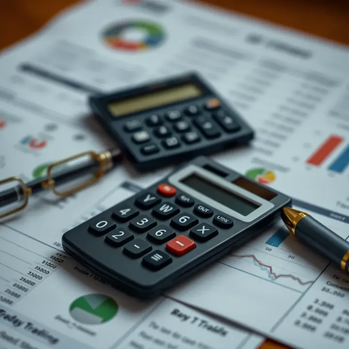 Calculator and financial documents illustrating estimation of intraday trading expenses for better cost management