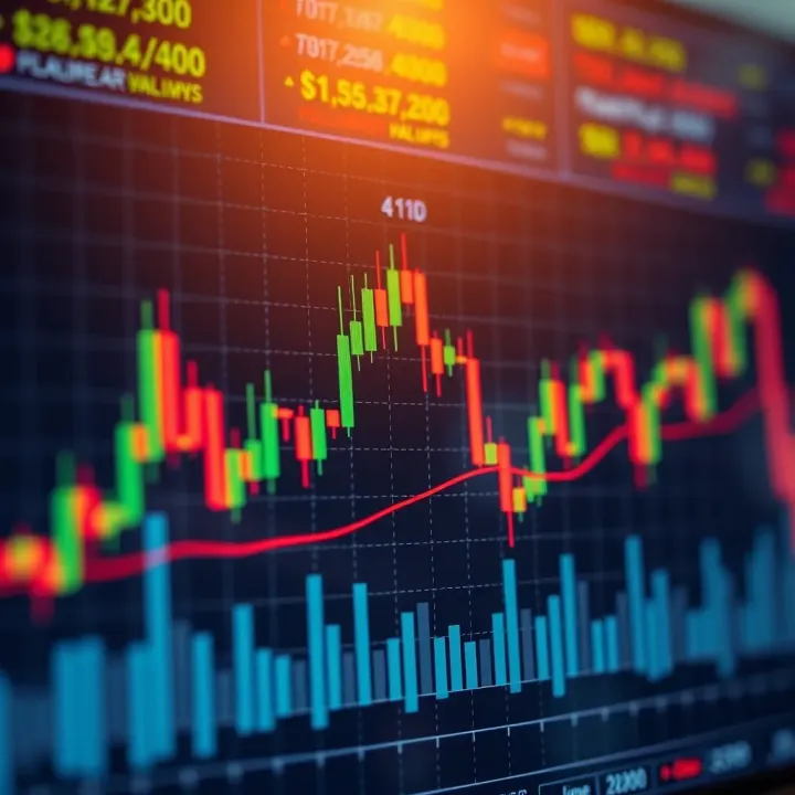 Graph illustrating intraday trading fluctuations with candlestick chart and volume indicators