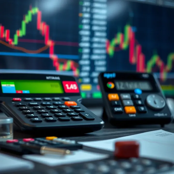 Calculator and stock market data representing calculation of brokerage and taxes for trading