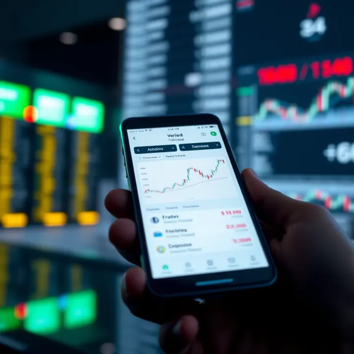 Smartphone displaying verified trading app interface with charts and options