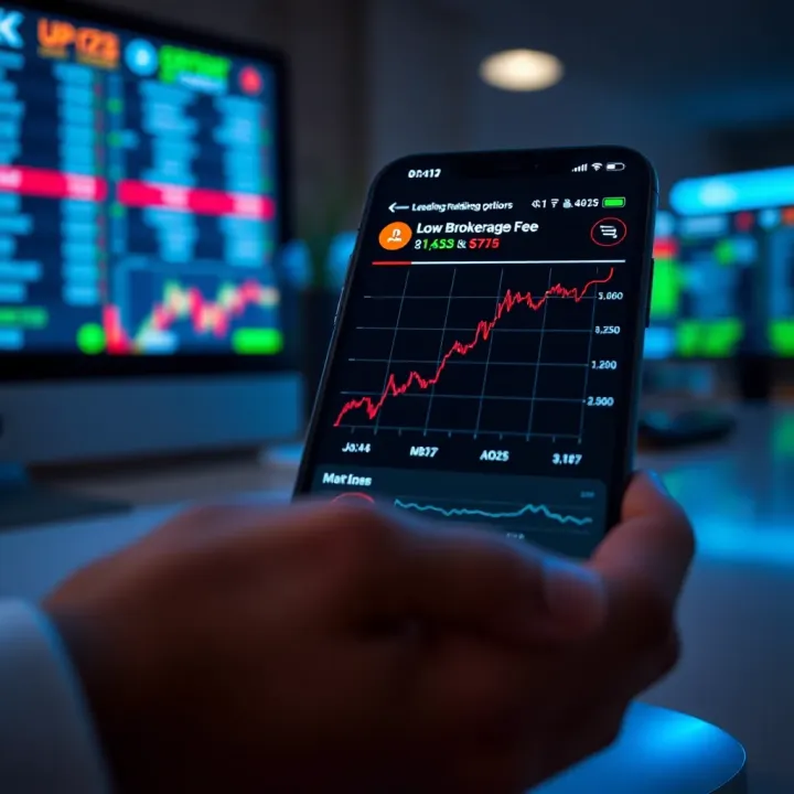 Graph showing declining brokerage fees and increasing trading efficiency on a smartphone interface