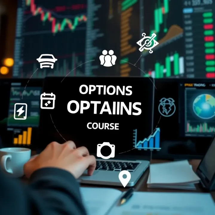 Core Topics Covered in Options Trading Courses Conceptual graphic depicting key topics in options trading such as risk management, strategies, and market analysis with icons and charts