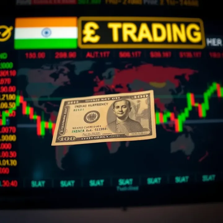Digital representation of global currency exchange with Indian Rupee and major world currencies