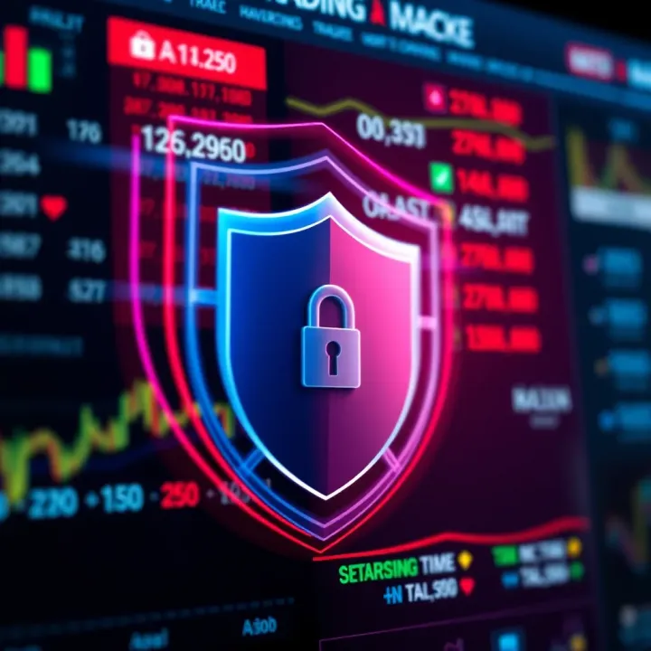 Key Security Features in Trading Apps Security shield symbol over a digital background representing secure online trading platform