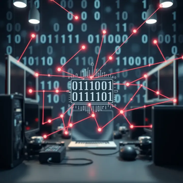Impact of Binary Code on Modern Digital Technology Illustration of digital devices interconnected symbolizing the impact of binary code in technology