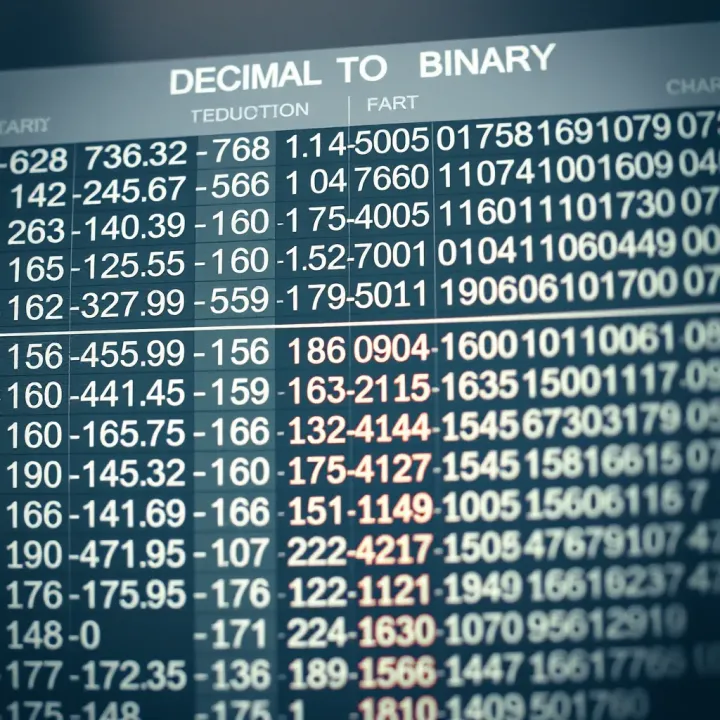 Chart showing decimal numbers converted into their binary equivalents for easy comparison