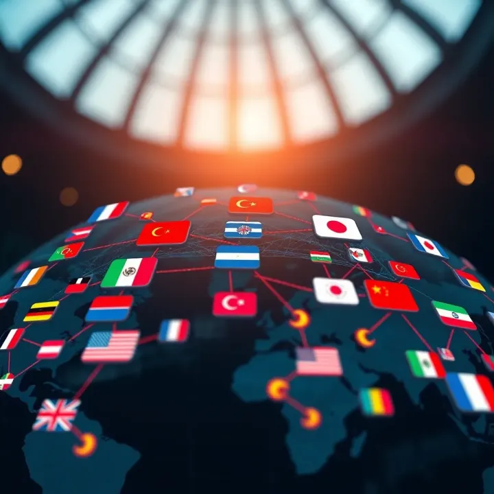 Illustration of global currency exchange with various international flags and currency symbols interconnected