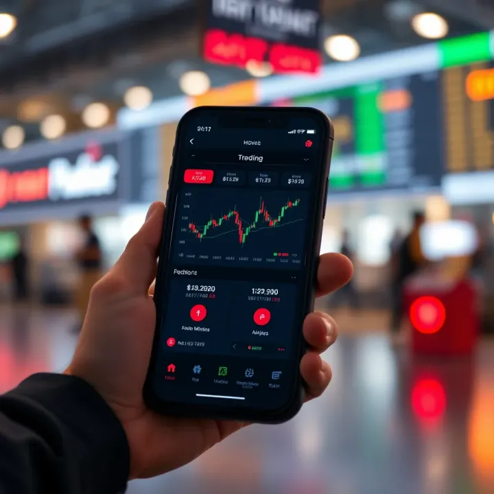 Mobile phone displaying a user interface of a low deposit trading application with charts and investment options