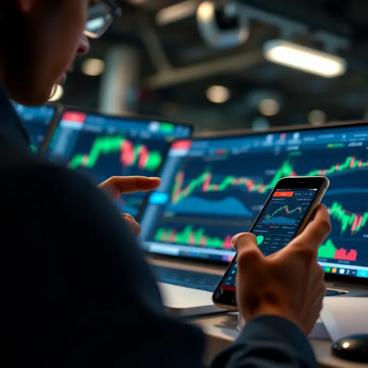 Beginner Trader Using Mock Trading App to Analyze Market Trends Illustration of a beginner trader analyzing market trends on a smartphone with financial data visualization