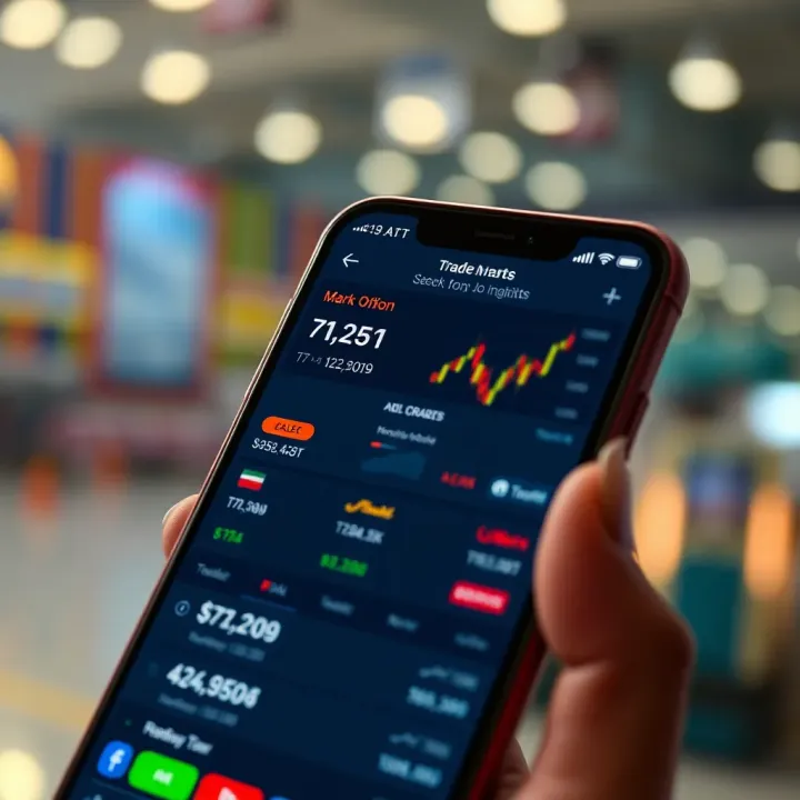 User interface of a mobile trading application displaying stock market trends and trade options