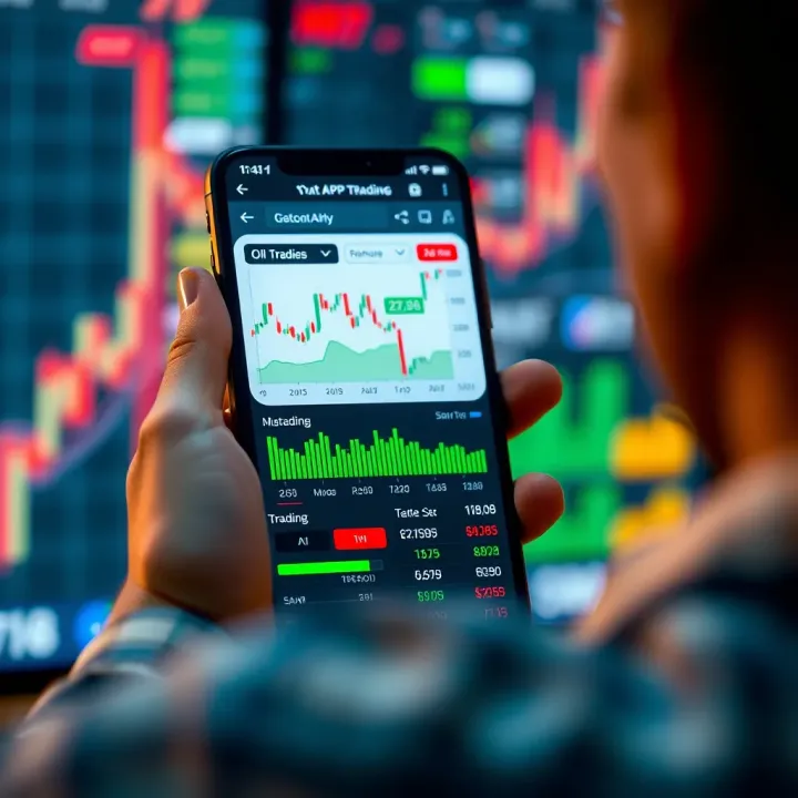 Mobile device displaying an oil trading app interface with charts and market data