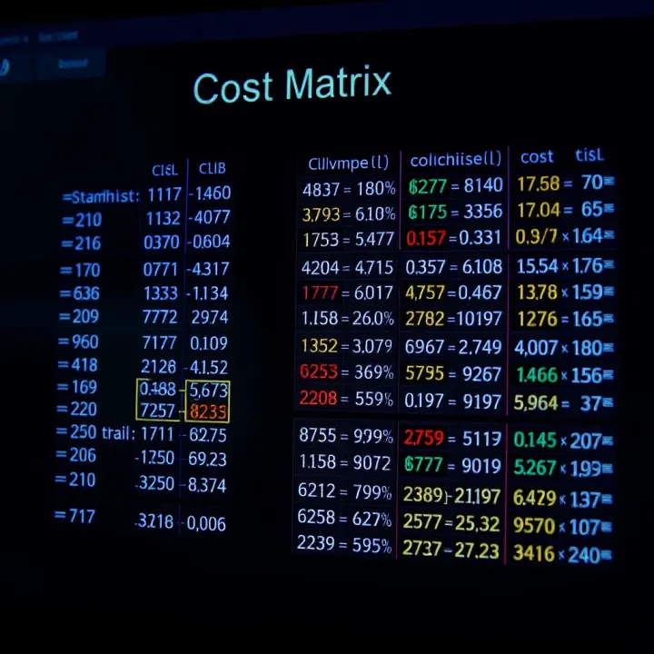 Cost Matrix for Optimal Binary Search Tree Construction Dynamic programming table showing cost calculations for constructing an optimal binary search tree